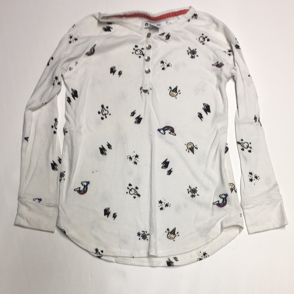 Tractr White Long-Sleeve Henley Top with Tiny Rainbow Hearts S 7/8
